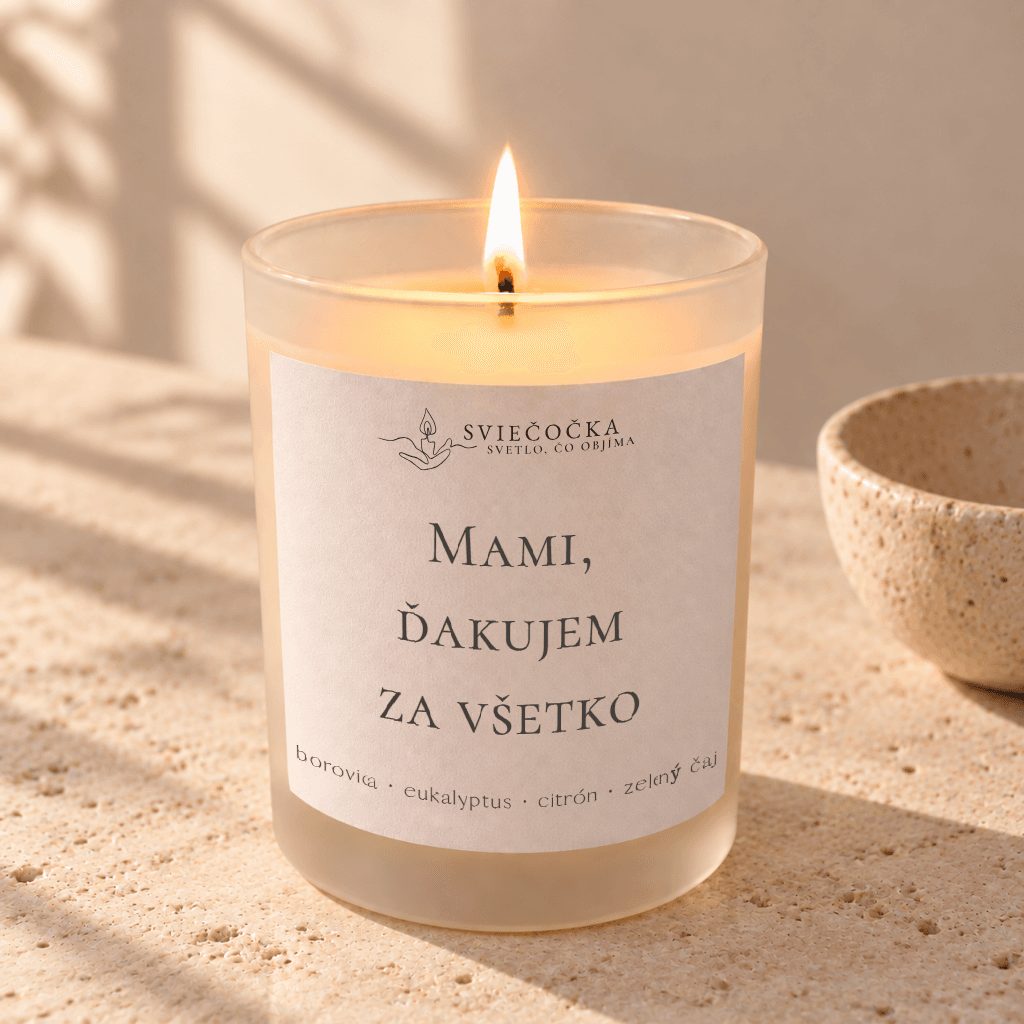 Mami, ďakujem - borovica · eukalyptus · citrón · zelený čaj - ručne vyrábaná sójová sviečka